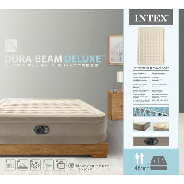 Intex Ultra Plush - Ilmasänky - 2 hengelle - Sisältää sisäänrakennetun moottoripumpun ja korjaussarjan - 203x152x46 cm - PVC - Beige