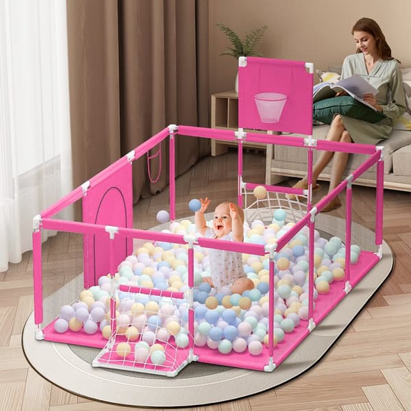 Kravlegård Baby Ball Pit Baby kravlegård med basketball bøjle (og fodboldmål), 181x122x61cm, pink, uden havbold