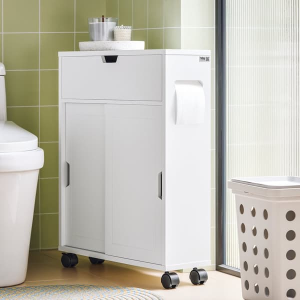 SoBuy Fritstående badeværelsesskab med hjul og plads til toiletruller Længde 17 cm Bredde 52 cm Højde 67 cm, hvid , BZR31-W