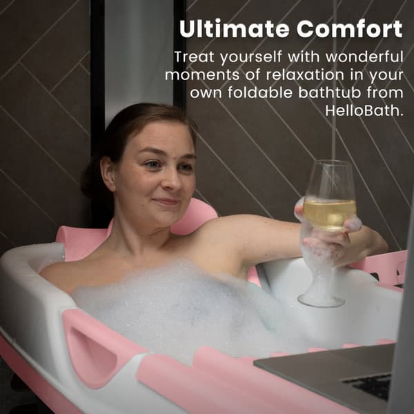 HelloBath® hopfällbart badkar - 128 cm långt - Badhink - Olivia Rosa - Extra lång - Inkl. Badkudde, undervattenslampa & förvaringsskydd