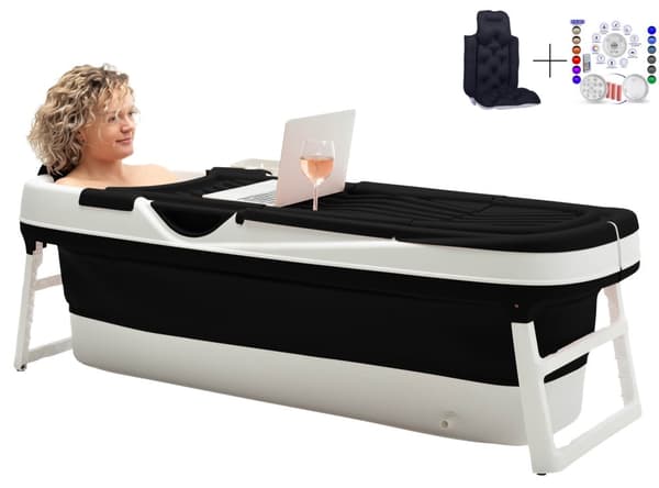 HelloBath Vikbar badbalja för vuxna - Svart - 157cm - Extra långt - Inklusive badkudde & förvaringsskydd
