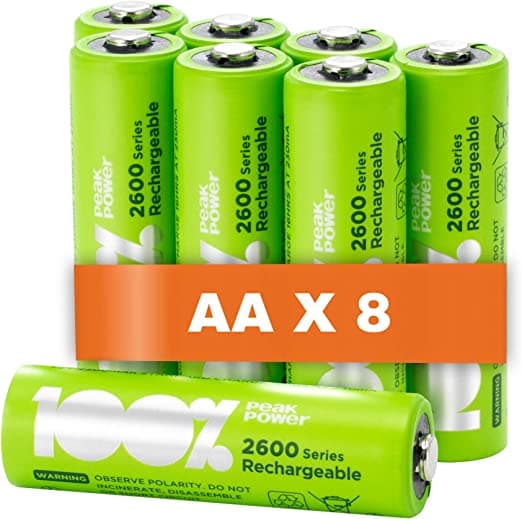 100% PeakPower Laddningsbara AA- batteri 8-pack| 100% PeakPower | AA NiMH 1.2V LR06 Förladdade, högpresterande batterier med hög kapacitet