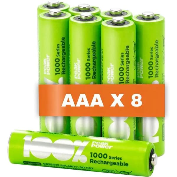 100% PeakPower Laddningsbara AAA- batteri 8-pack| 100% PeakPower | AAA NiMH 1.2V LR03 Förladdade, högpresterande batterier med hög kapacitet