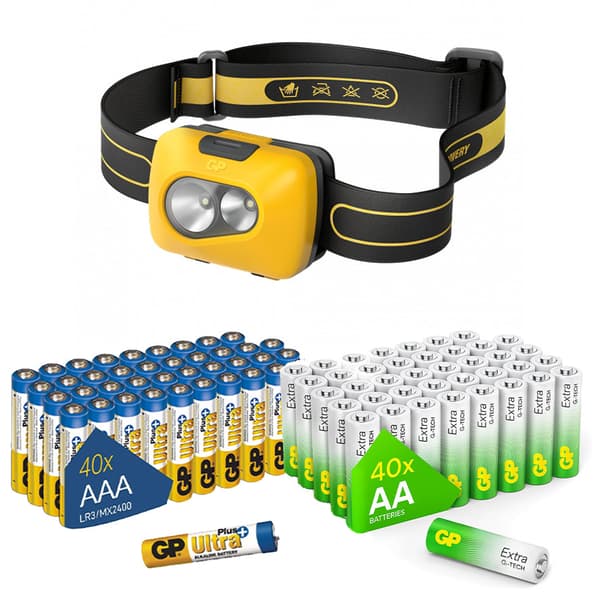 Nödlampssats med 40 AA GP Extra & 40 AAA GP Ultra Plus-batterier | Pålitlig LED-pannlampa och batteripaket för hem- och utomhussäkerhet