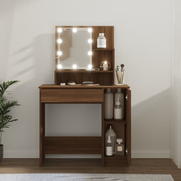vidaXL Peilipöytä LED-valoilla ruskea tammi 86,5x35x136 cm