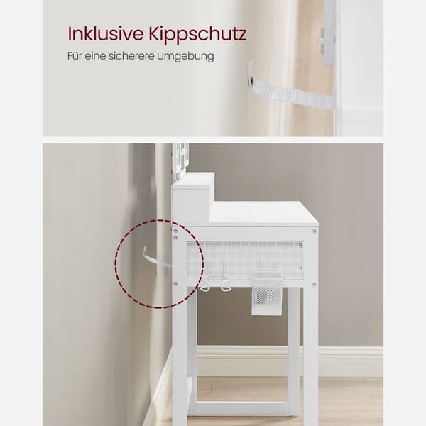 Rootz White pesupöytäsetti - Meikkipöytä - Meikkipöytä - Lastulevy Teräslasi - Keinonahka Vaahtomuovi - 40cm x 90cm x 141cm - 28,6cm x 42cm x 42,5cm -