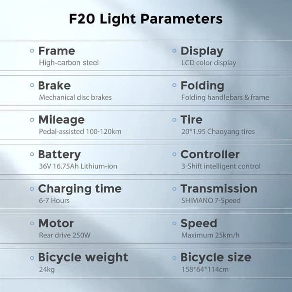 Fafrees F20 Light Adult City El-cykel, 250W børsteløs motor, 16,75Ah lithiumbatteri, 20" * 1,95" dæk, Shimano 7-speed.