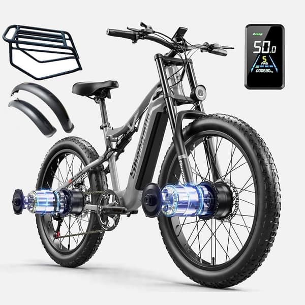 Shengmilo elektrisk cykel 26 tommer elektrisk mountainbike til voksne,2*1000W dobbelt motor 48V 17AH ebike, dobbelt suspension 7 trins elektrisk cykel