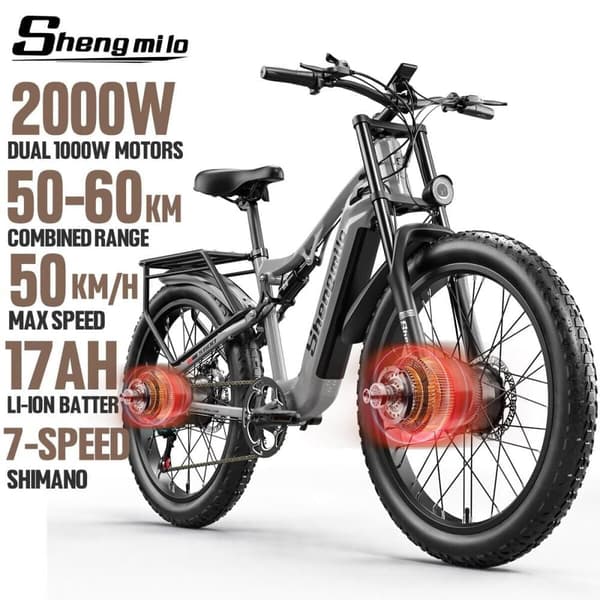 Elcykel voksne, 2*1000W Peak motor & 48V 840WH Samsung elcykel med batteri, 26" fedtdæk elcykel, 48 km / t, 7-trins