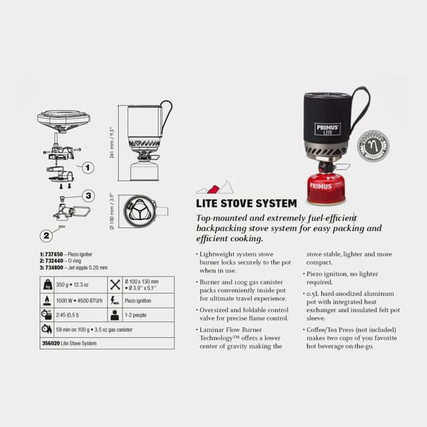 Gaskök Primus Lite Stove System, 1500 W, med integrerad piezotändning + kastrull (500 ml) Bränsletillval: + Power Gas (100 gram)