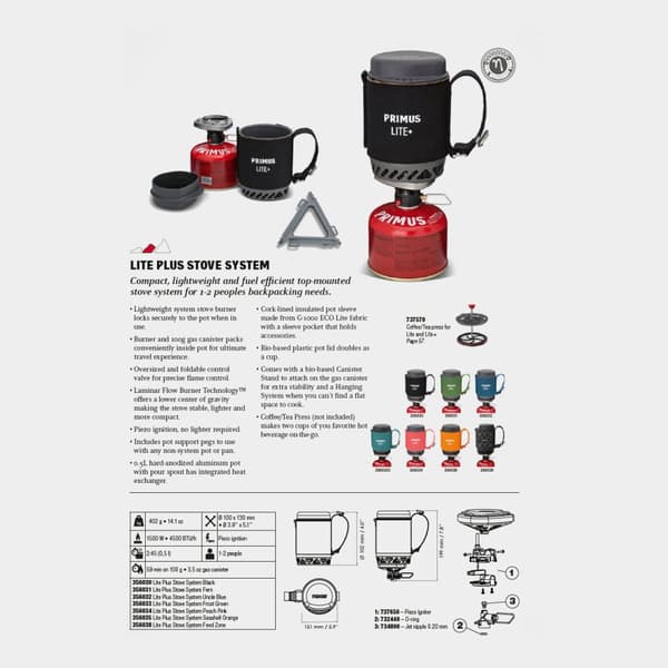 Gaskök Primus Lite Plus Stove System Feed Zone, 1500 W, med integrerad piezotändning + kastrull (500 ml) Bränsletillval: + Winter Gas (230 gram)
