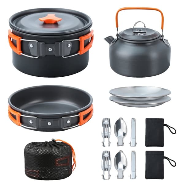 Camping Madlavningssæt, Holdbart Aluminium Materiale, 16-Delt Komplet Sæt,Orange håndtag