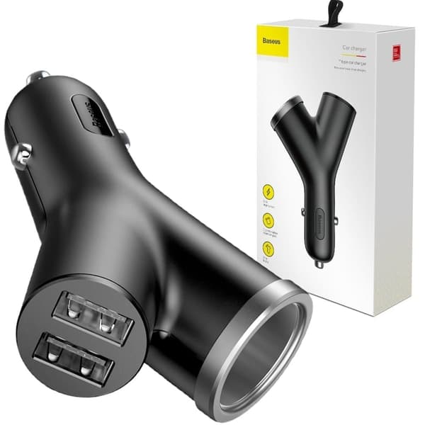 Baseus Y Type Billader billader 2x USB + sigarettennertilkobling 3,4A svart (CCALL-YX01) Sort