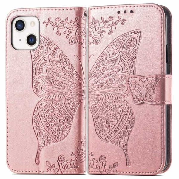 iPhone 13 Lompakkokotelo PU-nahkaa 4-POCKET Motif Butterfly Rosenguld