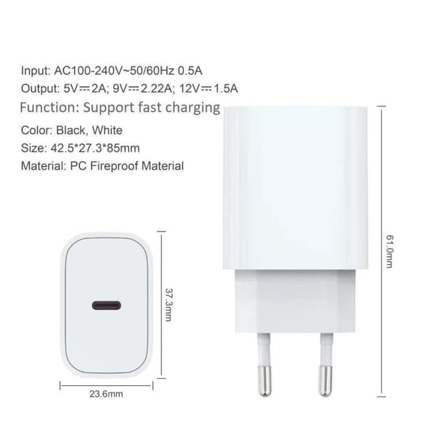 2 Pack iPhone laddare för Apple USB-C strömadapter 20W PD