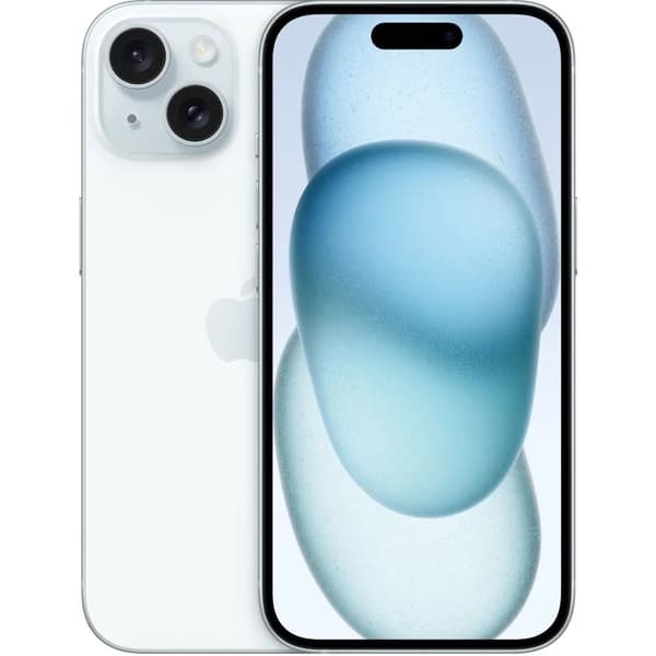 Apple iPhone 15 - 5G smartphone - dual-SIM / Internminne 128 GB - OLED-skärm - 6.1" - 2556 x 1179 pixlar - 2 bakre kameror 48 MP, 12 MP - front camer Blå