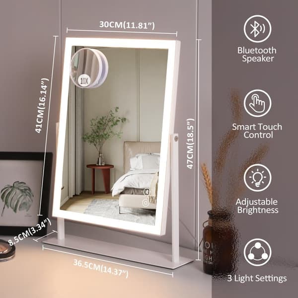 FENCHILIN Hollywood Sminkespejl med Belysning Bluetooth 360° Drejelig Bordplade Spejl Hvid 30 x 41 cm