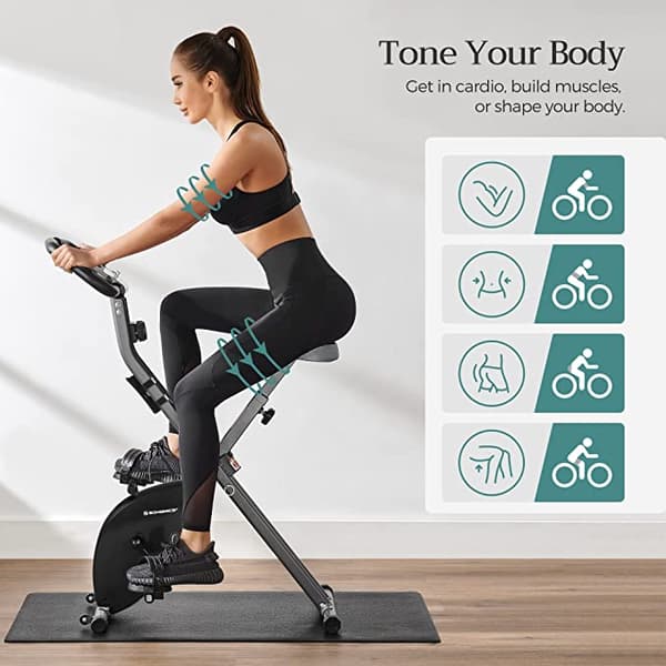 Motionscykel - Fitnesscykel - Foldbar fitnesscykel - 8 Magnetiske modstandsindstillinger - med gulvmåtte - Pulsmåler