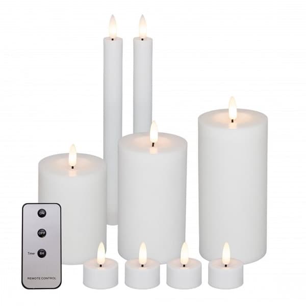 Koselig LED-blokklys, gaveeske for lysestake og telys, ekte flamme-look, hvit, 10 deler