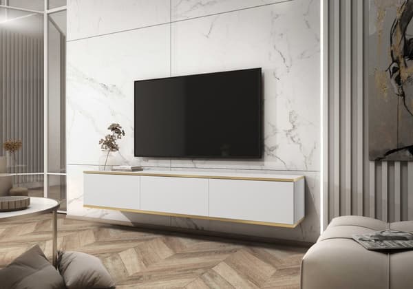 Stilfuldt tv-skab BLUM Moderne design med Push-to-Open-funktion. D: B: 175 cm, H: 30 cm, D: 32 cm. TV-opbevaring, Væg-tv-skab, hængende tv-skab