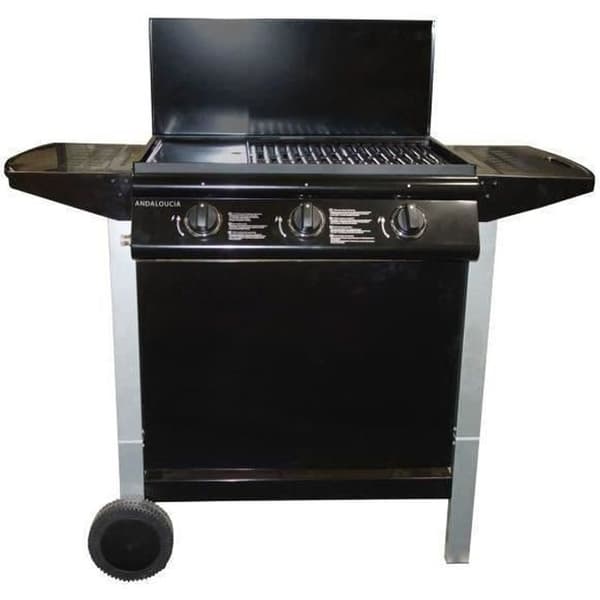Grillplatta + Grillplatta 3-brännare blandad gas skäggcue på vagn - Andaloucia emaljerat gjutjärn
