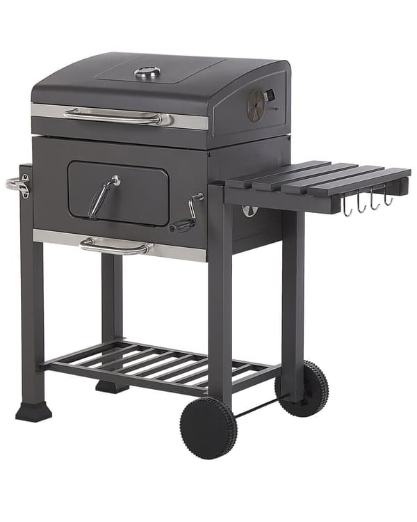 Kullgrill grå rustfritt stål låsbar med lokk dobbel rist og to hyller avtakbart kullbrett