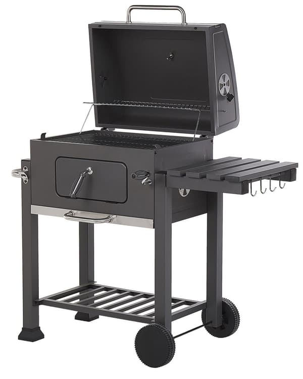 Kullgrill grå rustfritt stål låsbar med lokk dobbel rist og to hyller avtakbart kullbrett