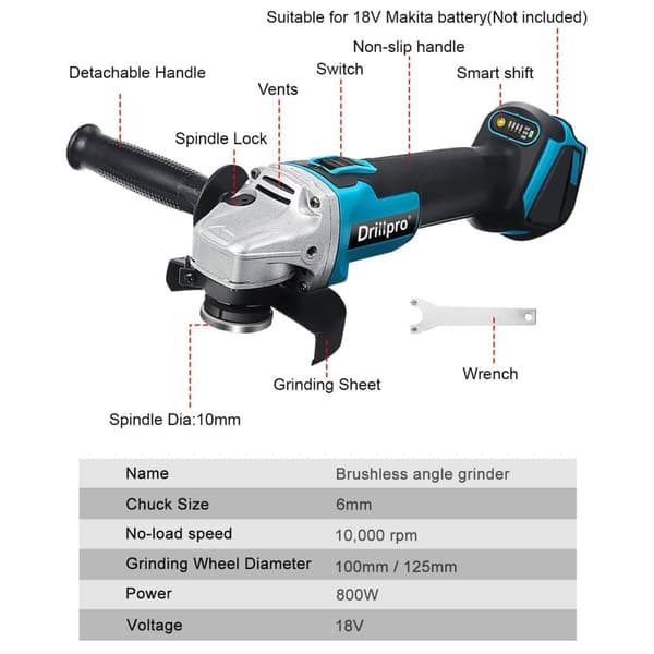 125mm 800W sladdlös vinkelslip kapmaskin för Makita 18V batteri