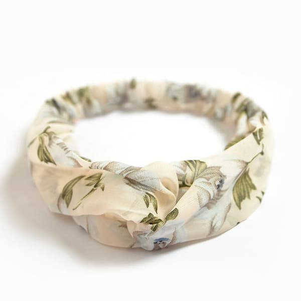 Hiusnauha kauniilla kukkakuvioilla elastista silkkiä 3 mallissa Beige
