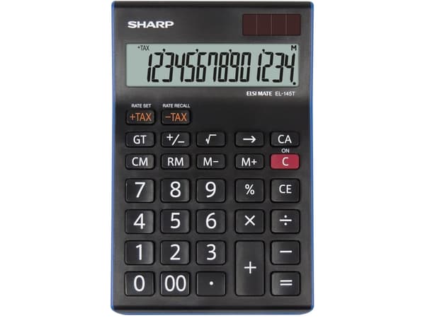 Sharp EL-145T, Työpöytä, Talouslaskin, 14 lukua, 1 linjat, Akku/Aurinko, Musta musta