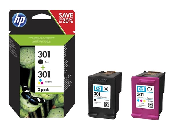HP 301 - 2-pack - svart, färg (cyan, magenta, gul) - original - bläckpatron - för Deskjet 1050A J410, 1051A J410, 10XX, 10XX J410, 15XX, 2000, 2050 J