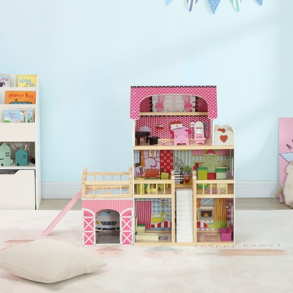 Tredukkehus, 3-lags lekehus, 13 møbler, flyttbar garasje, sklier og balkong, 36" høyt dukkehus for 3-6 år barn, rosa