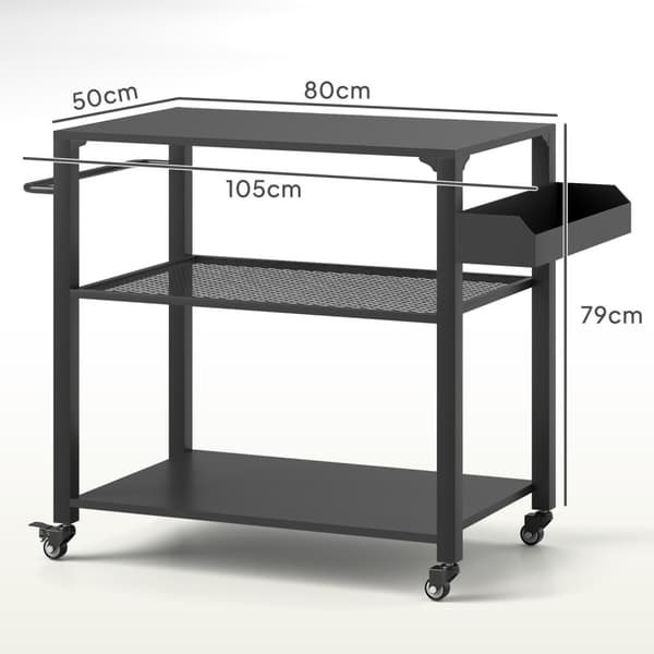 Grillvogn 3-lags serveringsvogn med arbeidsflate hyller hjul, BBQ grillbord i rustfritt stål, grillsidebord, utendørs vogn, kullgrill for hage, terras