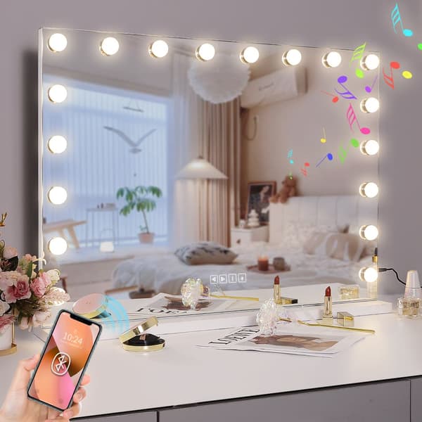 FENCHILIIN Stor Hollywood Makeup Spejl med Lamper Bluetooth Table Top Vægbeslag Hvid 80 x 58 cm FENCHILIIN Stor Hollywood Makeup Spejl med Lamper Bluetooth Table Top Vægbeslag Hvid 80 x 58 cm