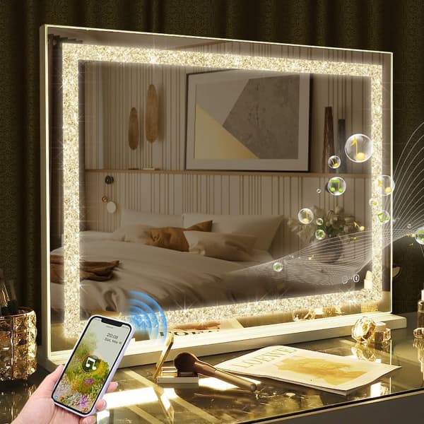 FENCHILIN 80 x 58 cm stor sminkspegel med belysning praktfulla kristallfinish hollywood spegel bluetooth högtalare Bordsskiva väggfäste Vit spegel FENCHILIN 80 x 58 cm stor sminkspegel med belysning praktfulla kristallfinish hollywood spegel bluetooth högtalare Bordsskiva väggfäste Vit spegel