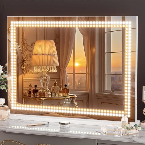 FENCHILIN Stort Spejl Hollywood Makeup Spejl med Belysning USB Bordplade Vægbeslag Hvid Makeup Spejl 80 x 58 cm
