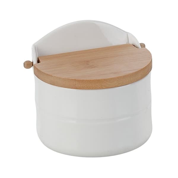 Saltbøsse med låg Home ESPRIT Hvid Natur Bambus Porcelæn 12 x 10 x 11 cm