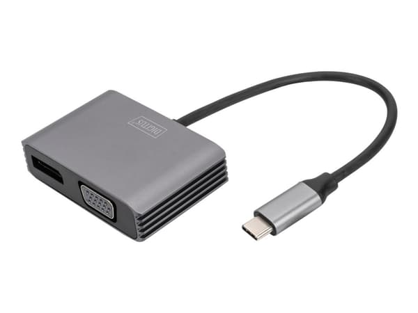 DIGITUS DA-70827 - Video adapter - 24 pin USB-C (hann) til VGA Adapter, DisplayPort (hunn) - 20 cm - støtter 21:9 kinosideforhold, 4K 30Hz støtte, US Sort