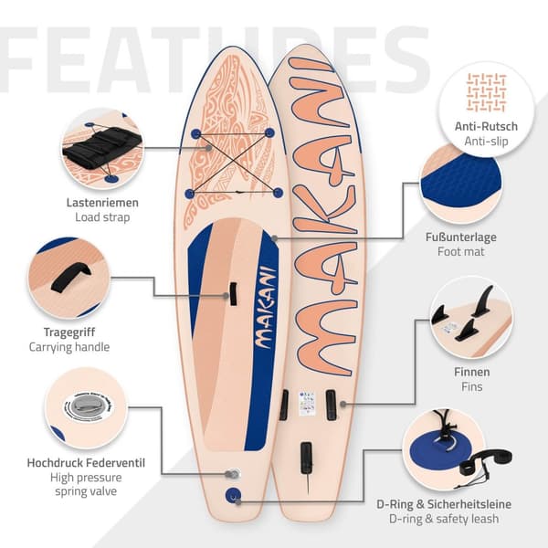 ECD Germany Oppusteligt Stand Up Paddle Board Makani | 320 x 80 x 15 cm | Abrikos | PVC | op til 120 kg | Pumpe Bæretaske Tilbehør | SUP Board