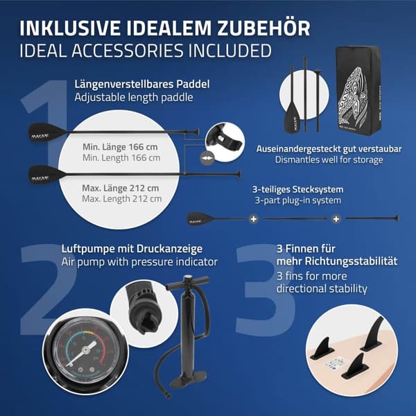 ECD Germany Oppusteligt Stand Up Paddle Board Makani | 320 x 80 x 15 cm | Abrikos | PVC | op til 120 kg | Pumpe Bæretaske Tilbehør | SUP Board