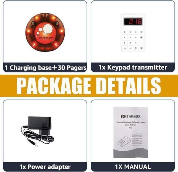 Retekess TD158 Pager Trådlöst System, Trådlöst Kallsystem, 30 Pager, 500M, LED-display, 4 Call-lägen, Hotell, Restaurang