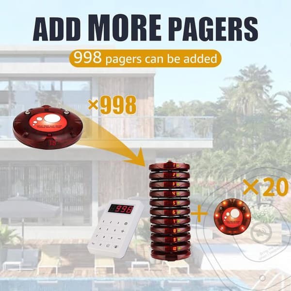 Retekess TD158 Pager Trådlöst System, Trådlöst Kallsystem, 30 Pager, 500M, LED-display, 4 Call-lägen, Hotell, Restaurang
