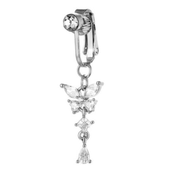Fake Navelpiercing Clip-on Navelring Utan Hål Fjäril Kristall Silver