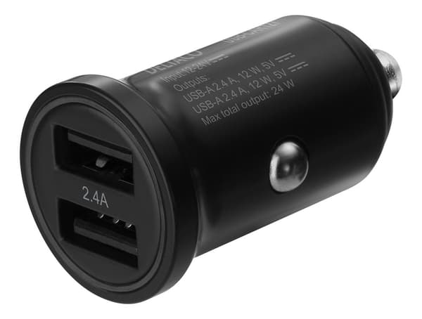 12/24 V USB car charger with dual USB-A ports, 24 W, black musta