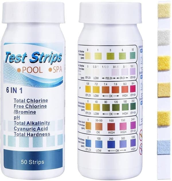 6-i-1 Pool & Spa Teststrimler, Vandtester 50-Pak - pH, Klor, Alkalinitet, Cyanursyre, Hårdhed