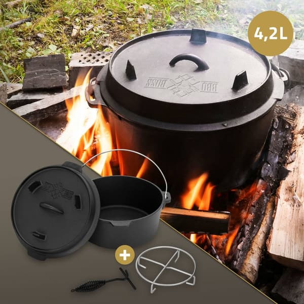 Dutch Oven Set BBQ 4,2L sort støbejern med lågløfter og bordskåner BBQ#BOSS