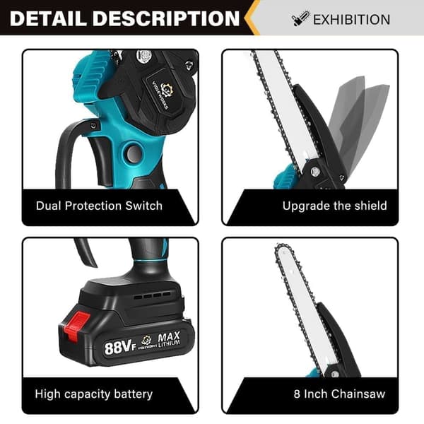 8 tums 3000W 88VF borstlös sladdlös elektrisk sågmotorsåg för Makita 18V batteri, med 1 batteri