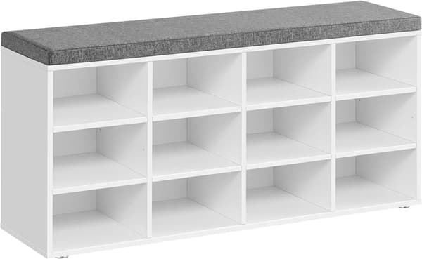 VASAGLE kenkäpenkki tyynyllä, säilytyspenkki, 11,9 x 40,9 x 18,9 tuumaa, valkoinen ja harmaa