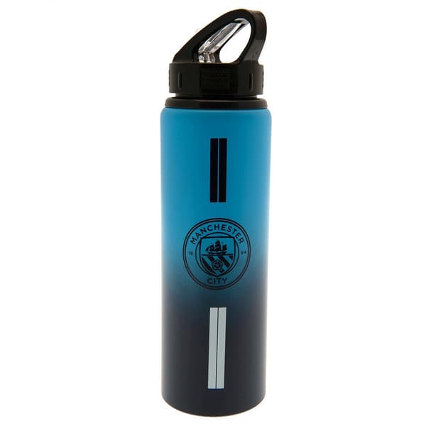 Manchester City FC Stripe Aluminium Water Bottle Sky Blue/Black/White One Size