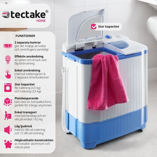 Liten tvättmaskin 4,5 kg med centrifug - vit